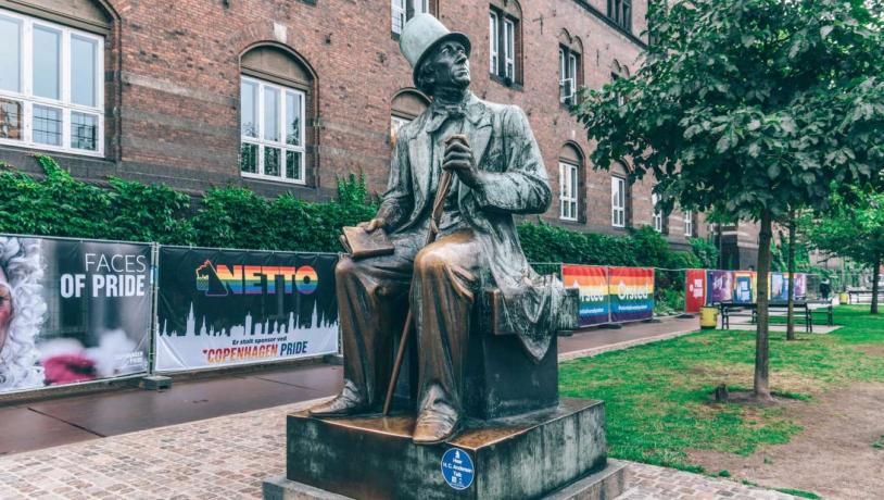 A statue of Hans Christian Andersen during Pride Festival in Copenhagen