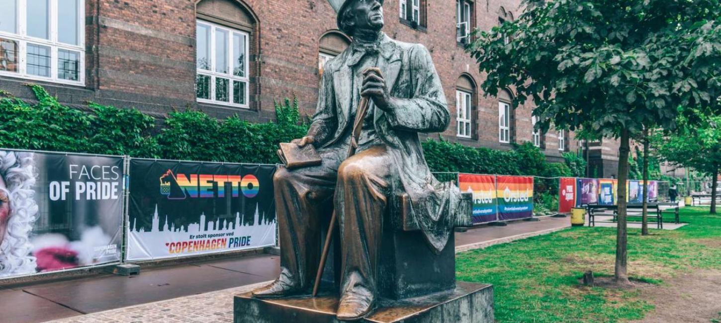 A statue of Hans Christian Andersen during Pride Festival in Copenhagen